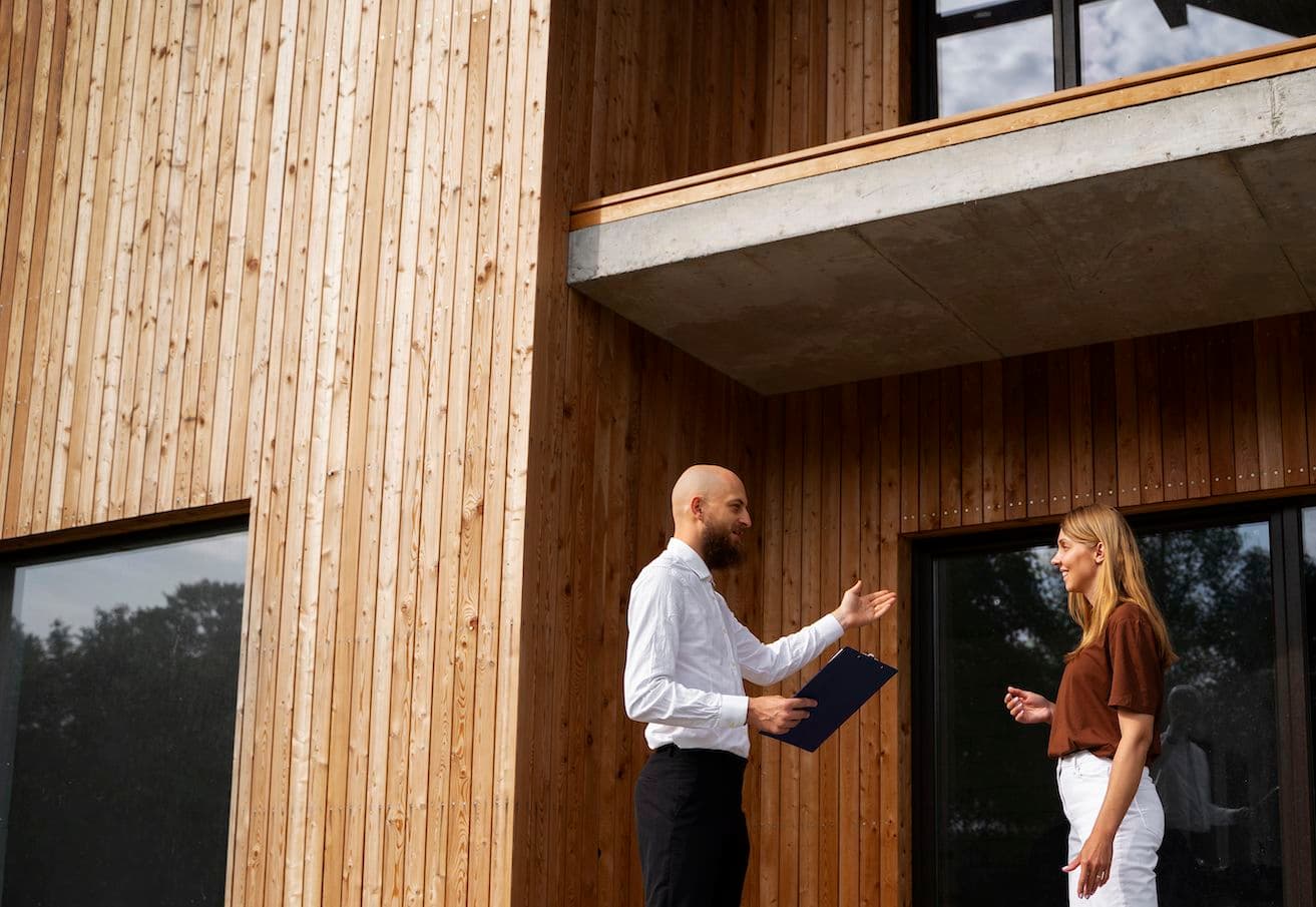 Sicherheitsberater berät eine Klientin vor ihrem Haus